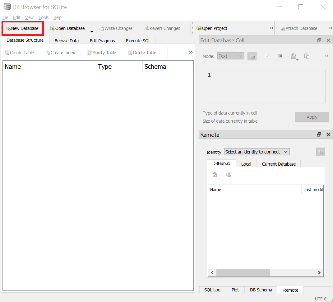 Click on the New Database button in DB Browser for SQLite to create a new SQLite 3 database file.
