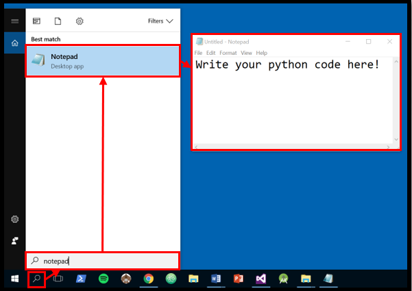 The Notepad program can be found in Windows by searching for "Notepad".